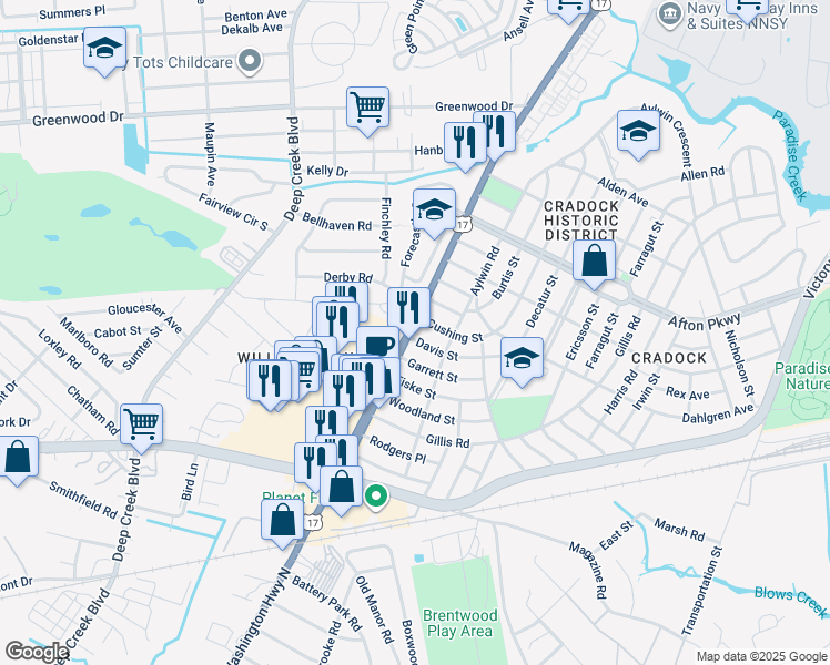 map of restaurants, bars, coffee shops, grocery stores, and more near 4423 George Washington Highway in Portsmouth