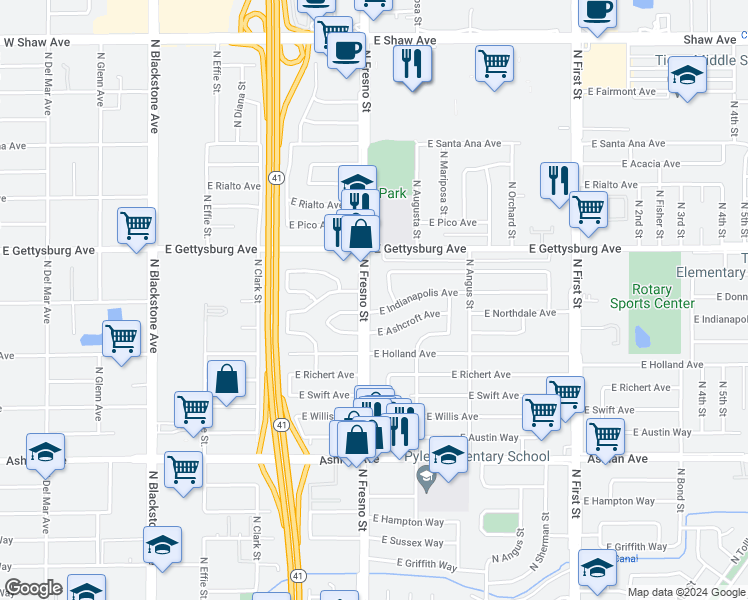 map of restaurants, bars, coffee shops, grocery stores, and more near 4506 North Fresno Street in Fresno