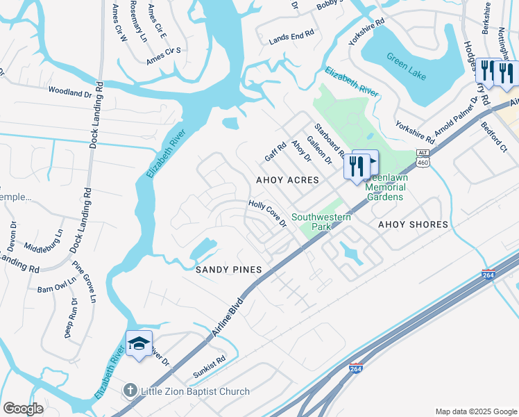 map of restaurants, bars, coffee shops, grocery stores, and more near 4041 Holly Cove Drive in Chesapeake