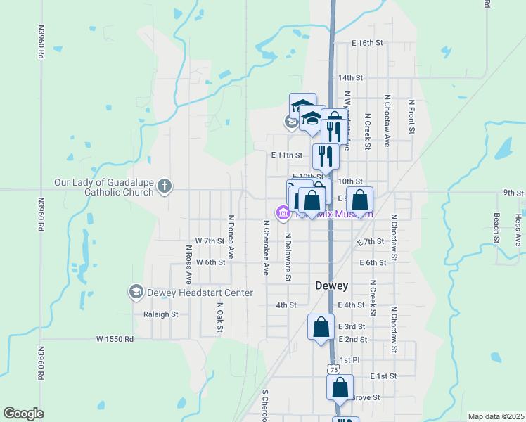 map of restaurants, bars, coffee shops, grocery stores, and more near 501 East Don Tyler Avenue in Dewey