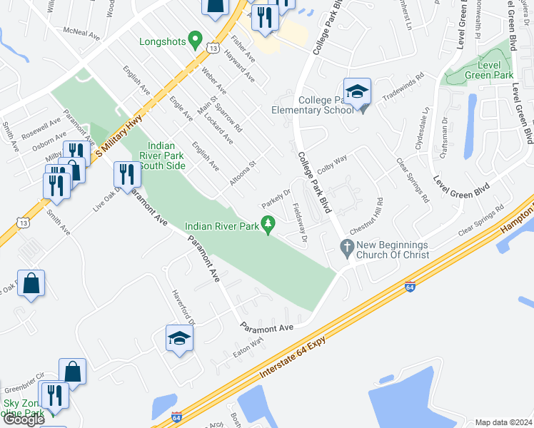 map of restaurants, bars, coffee shops, grocery stores, and more near 1243 Jadens Way in Chesapeake