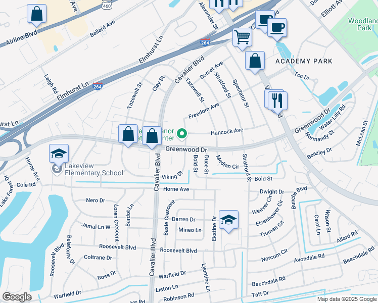 map of restaurants, bars, coffee shops, grocery stores, and more near 3813 Greenwood Drive in Portsmouth