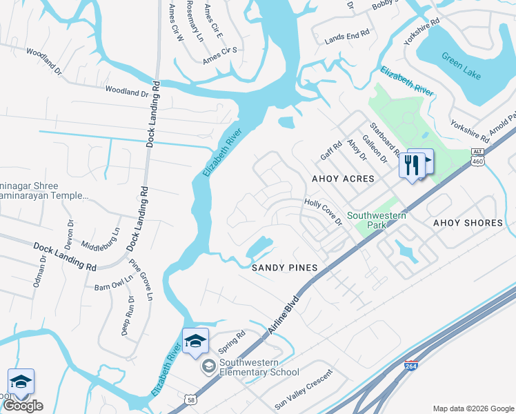 map of restaurants, bars, coffee shops, grocery stores, and more near 4208 White Cap Crest in Chesapeake