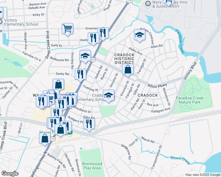 map of restaurants, bars, coffee shops, grocery stores, and more near 84 Decatur Street in Portsmouth