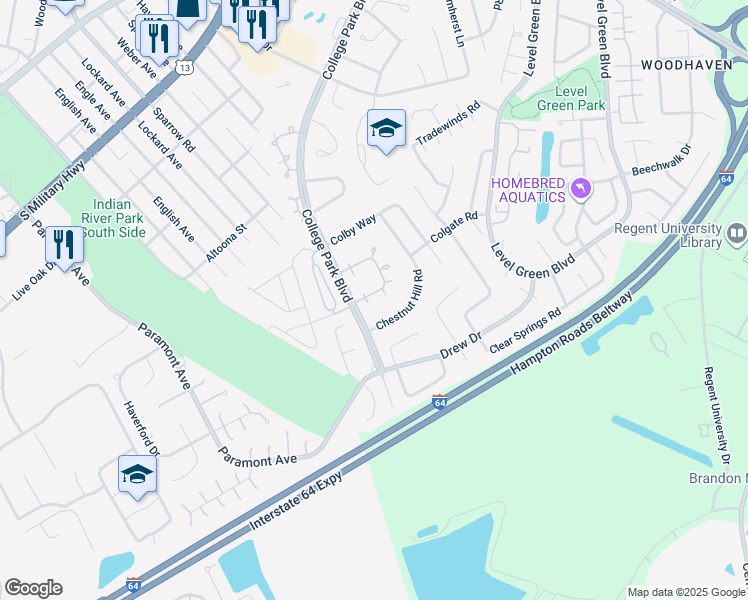 map of restaurants, bars, coffee shops, grocery stores, and more near 1365 Glyndon Drive in Virginia Beach