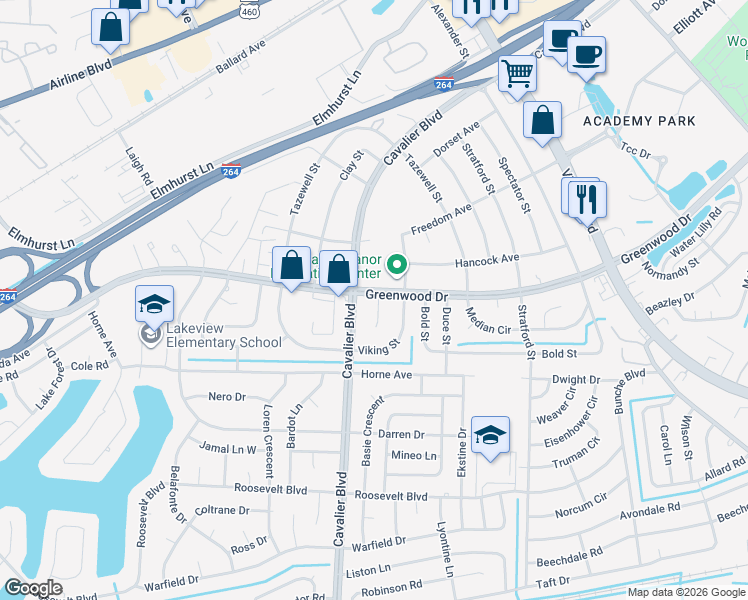 map of restaurants, bars, coffee shops, grocery stores, and more near 3909 Greenwood Drive in Portsmouth