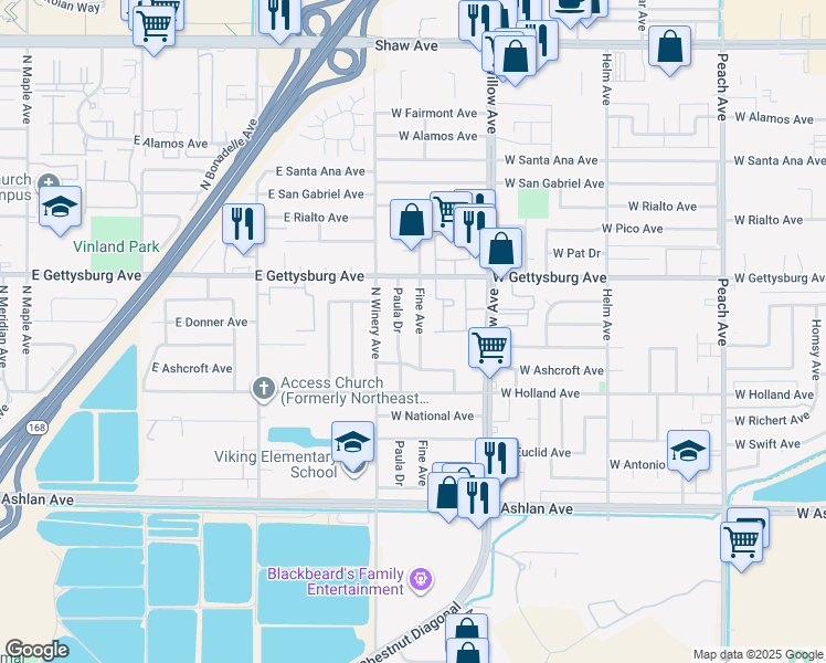 map of restaurants, bars, coffee shops, grocery stores, and more near 2896 Fine Ave in Clovis