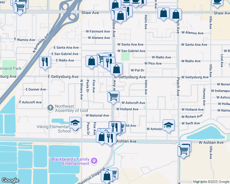 map of restaurants, bars, coffee shops, grocery stores, and more near 127 Willow Avenue in Clovis