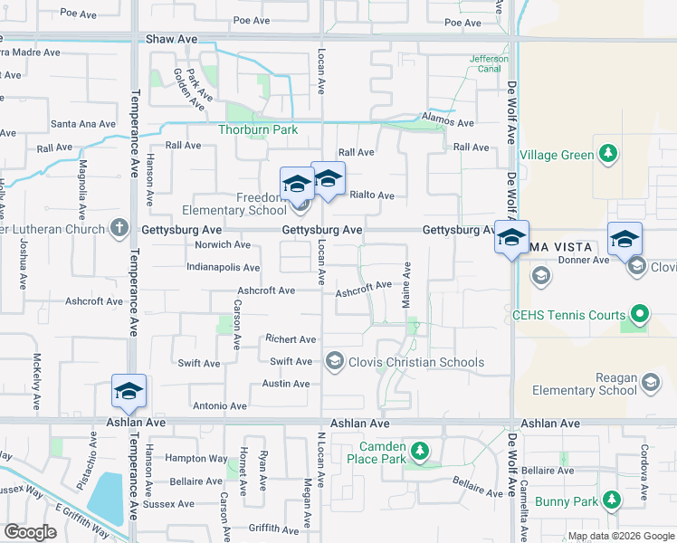 map of restaurants, bars, coffee shops, grocery stores, and more near 3046 Indianapolis Avenue in Clovis