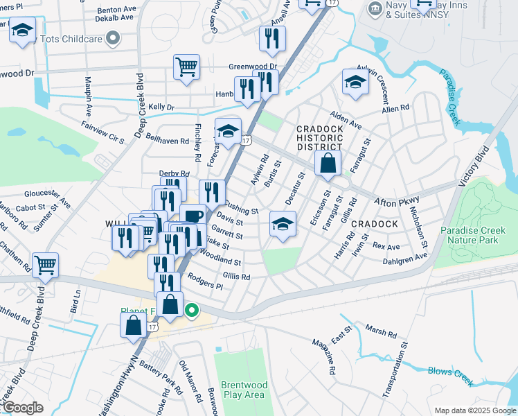 map of restaurants, bars, coffee shops, grocery stores, and more near 6 Dahlgren Avenue in Portsmouth