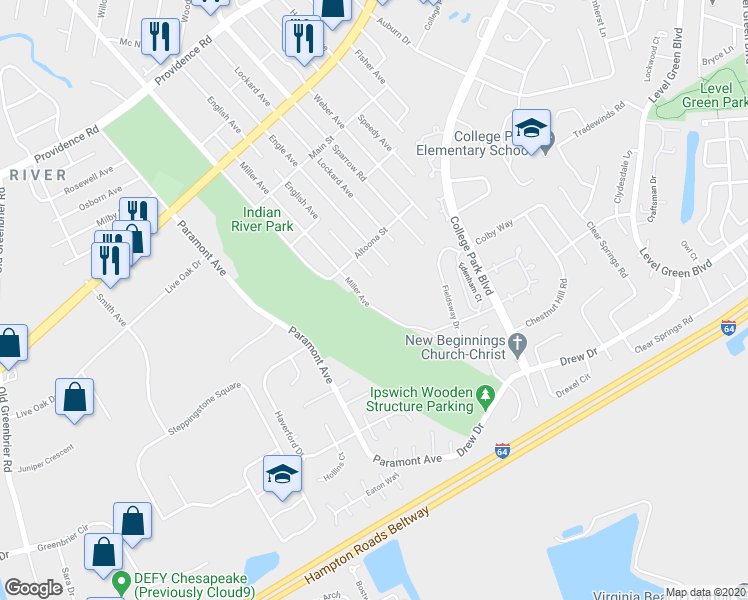 map of restaurants, bars, coffee shops, grocery stores, and more near 2300 Miller Avenue in Chesapeake