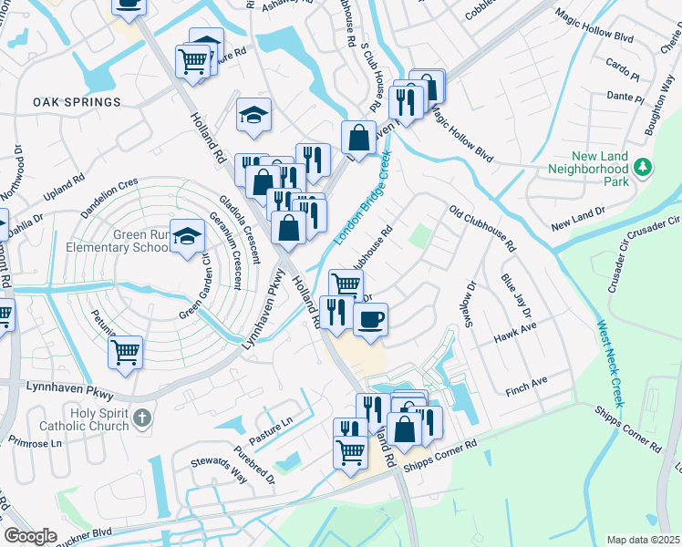 map of restaurants, bars, coffee shops, grocery stores, and more near 3233 Yorkborough Way in Virginia Beach
