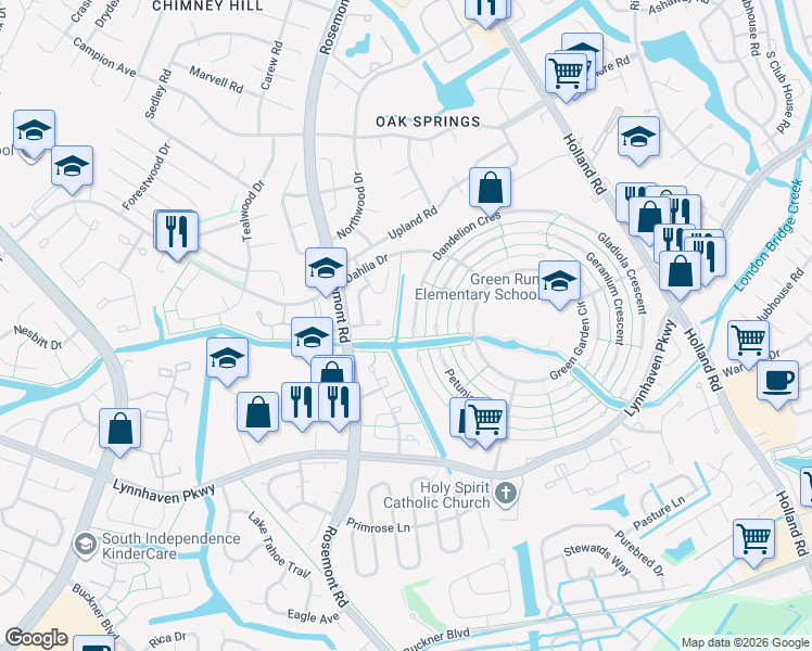 map of restaurants, bars, coffee shops, grocery stores, and more near 3560 Dandelion Crescent in Virginia Beach