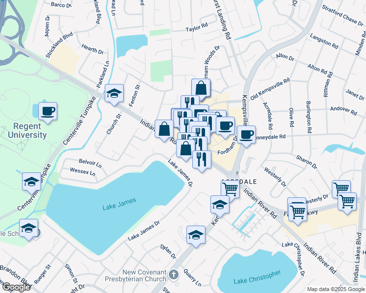 map of restaurants, bars, coffee shops, grocery stores, and more near Indian River Rd & Lake James Dr in Virginia Beach