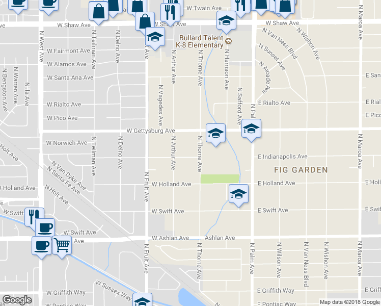 map of restaurants, bars, coffee shops, grocery stores, and more near 180 West Indianapolis Avenue in Fresno