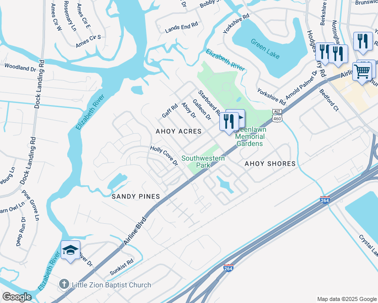 map of restaurants, bars, coffee shops, grocery stores, and more near 3932 Port Road in Chesapeake