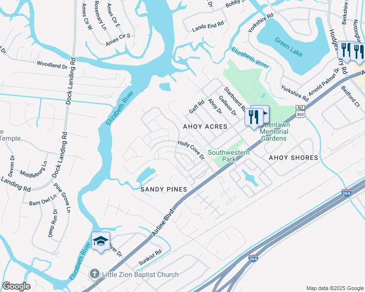 map of restaurants, bars, coffee shops, grocery stores, and more near 4057 Holly Cove Drive in Chesapeake