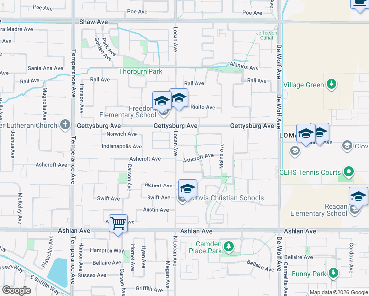 map of restaurants, bars, coffee shops, grocery stores, and more near 3046 Indianapolis Avenue in Clovis
