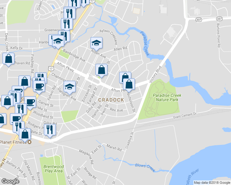 map of restaurants, bars, coffee shops, grocery stores, and more near 100 Afton Parkway in Portsmouth