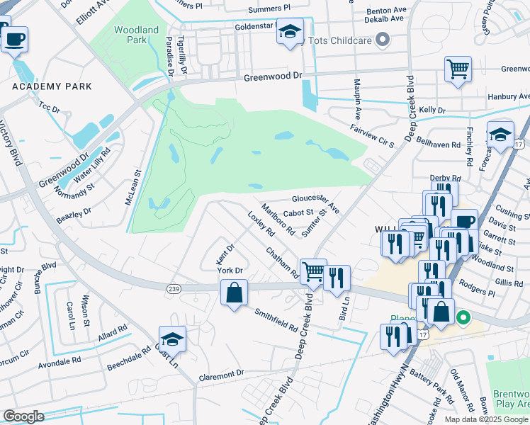 map of restaurants, bars, coffee shops, grocery stores, and more near 203 Marlboro Road in Portsmouth
