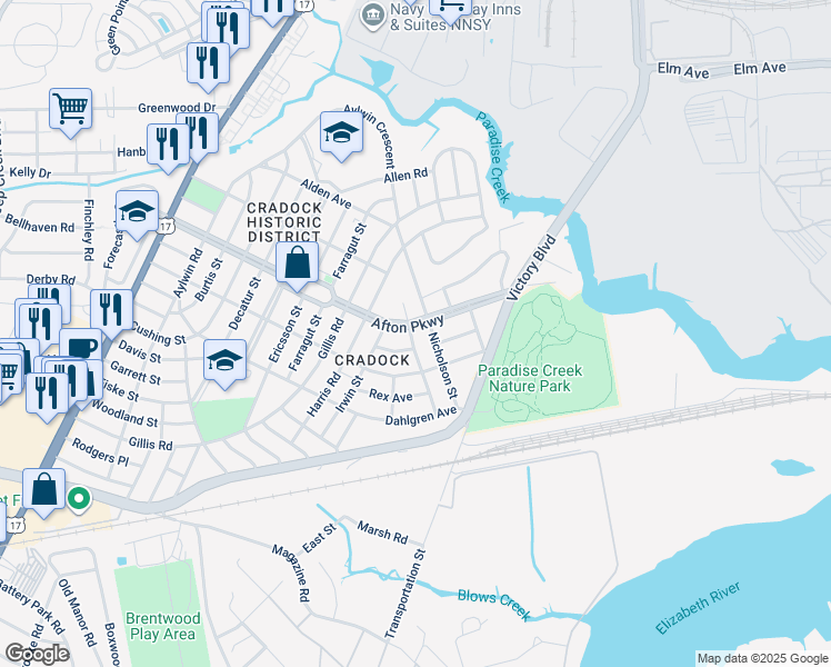 map of restaurants, bars, coffee shops, grocery stores, and more near 106 Afton Parkway in Portsmouth