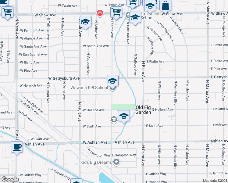 map of restaurants, bars, coffee shops, grocery stores, and more near 4524 North Thorne Avenue in Fresno