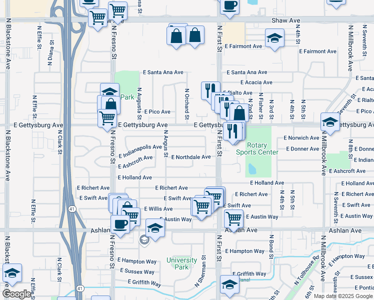 map of restaurants, bars, coffee shops, grocery stores, and more near 2976 East Indianapolis Avenue in Fresno