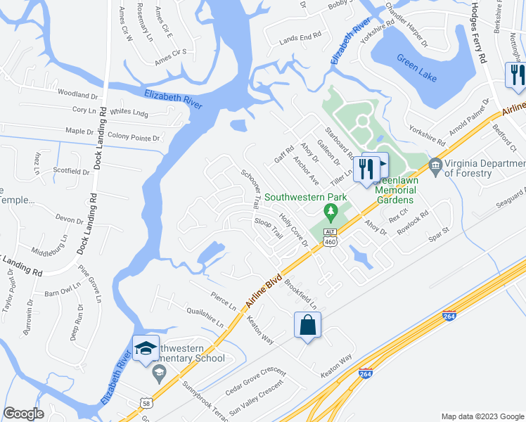 map of restaurants, bars, coffee shops, grocery stores, and more near 4057 Holly Cove Drive in Chesapeake