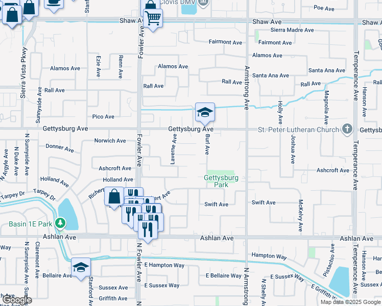 map of restaurants, bars, coffee shops, grocery stores, and more near 2237 Donner Avenue in Clovis