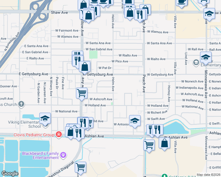 map of restaurants, bars, coffee shops, grocery stores, and more near 2893 Helm Avenue in Clovis