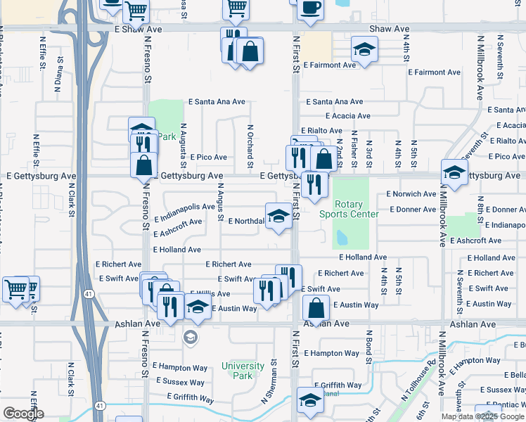 map of restaurants, bars, coffee shops, grocery stores, and more near 2976 East Indianapolis Avenue in Fresno