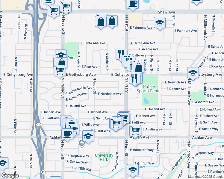 map of restaurants, bars, coffee shops, grocery stores, and more near 2976 East Indianapolis Avenue in Fresno