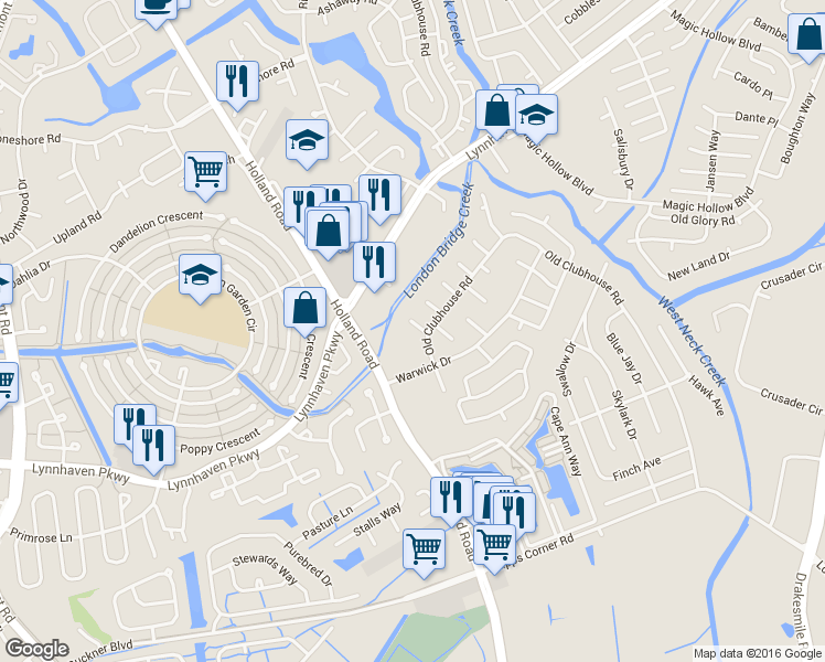 map of restaurants, bars, coffee shops, grocery stores, and more near 3233 Yorkborough Way in Virginia Beach