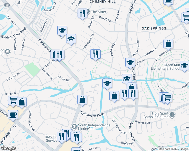 map of restaurants, bars, coffee shops, grocery stores, and more near 3620 Windmill Drive in Virginia Beach