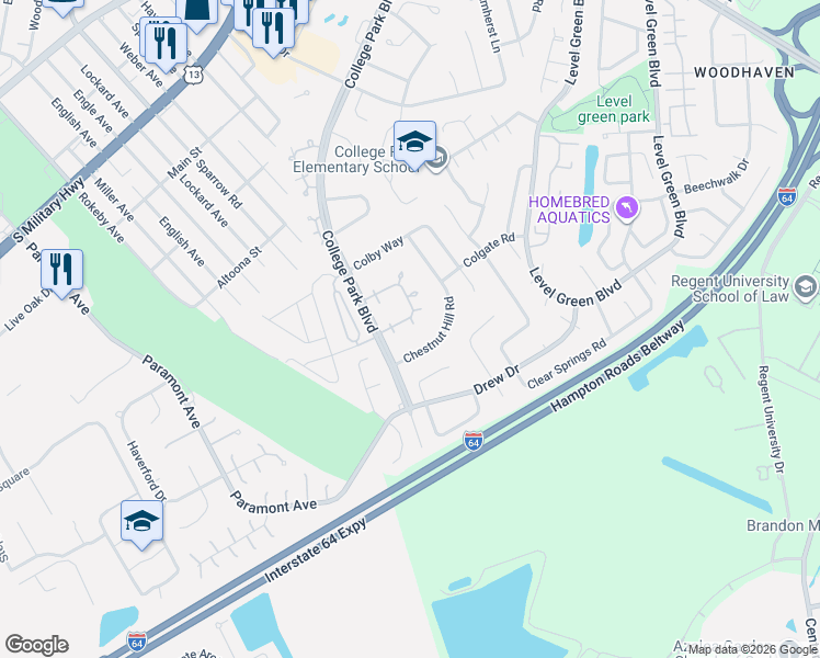 map of restaurants, bars, coffee shops, grocery stores, and more near 1351 Glyndon Drive in Virginia Beach