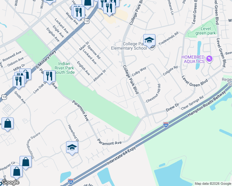 map of restaurants, bars, coffee shops, grocery stores, and more near 2328 Miller Avenue in Chesapeake