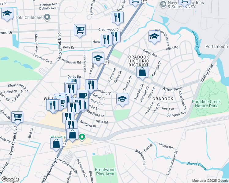 map of restaurants, bars, coffee shops, grocery stores, and more near 6 Dahlgren Avenue in Portsmouth