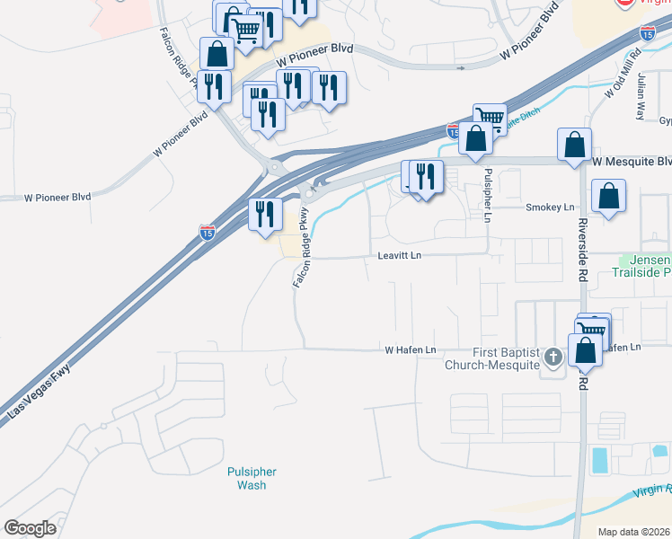 map of restaurants, bars, coffee shops, grocery stores, and more near 1050 Leavitt Lane in Mesquite
