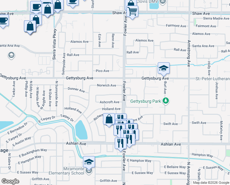 map of restaurants, bars, coffee shops, grocery stores, and more near 1765 Donner Avenue in Clovis
