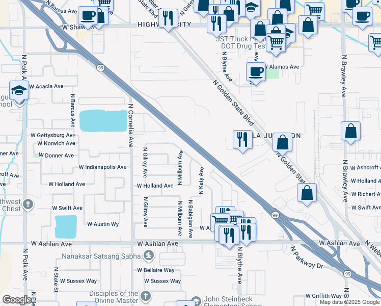 map of restaurants, bars, coffee shops, grocery stores, and more near 4318 North Parkway Drive in Fresno
