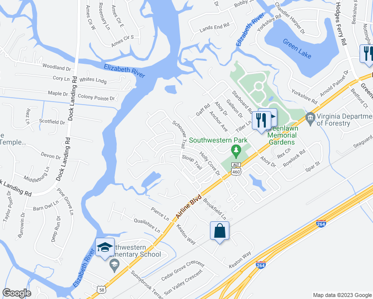 map of restaurants, bars, coffee shops, grocery stores, and more near 4065 Holly Cove Drive in Chesapeake