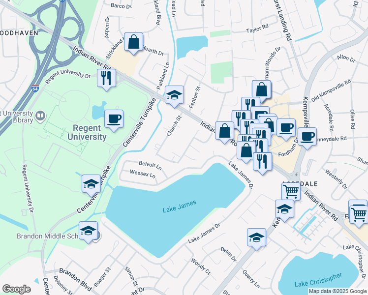 map of restaurants, bars, coffee shops, grocery stores, and more near 1359 Ferry Point Road in Virginia Beach