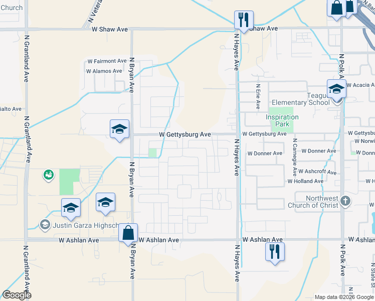 map of restaurants, bars, coffee shops, grocery stores, and more near 6209 West Donner Avenue in Fresno