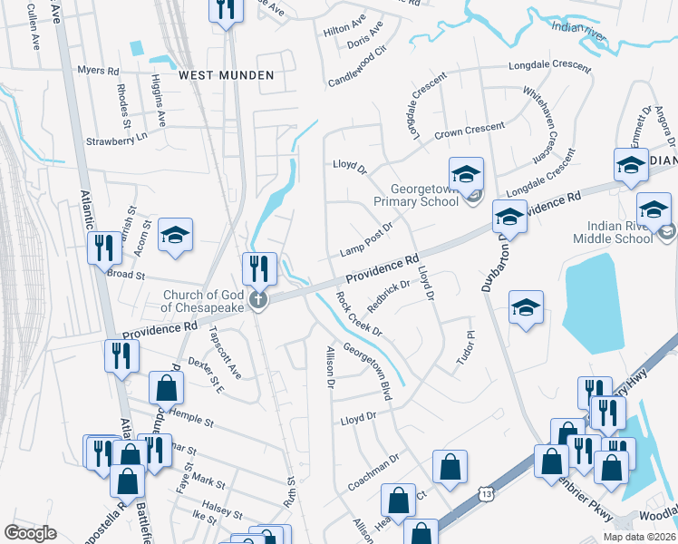 map of restaurants, bars, coffee shops, grocery stores, and more near 300 Providence Road in Chesapeake