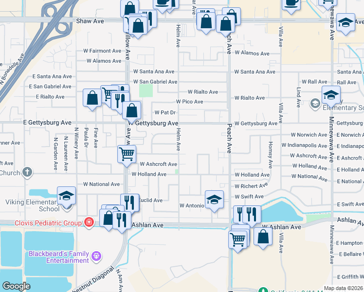 map of restaurants, bars, coffee shops, grocery stores, and more near 2893 Helm Avenue in Clovis