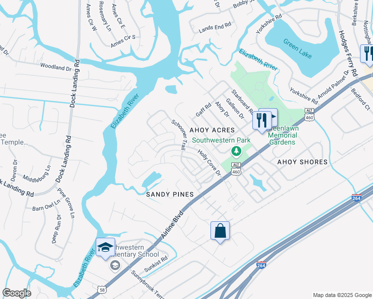 map of restaurants, bars, coffee shops, grocery stores, and more near 4069 Holly Cove Drive in Chesapeake
