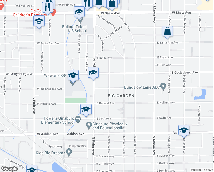 map of restaurants, bars, coffee shops, grocery stores, and more near 4513 North Wilson Avenue in Fresno