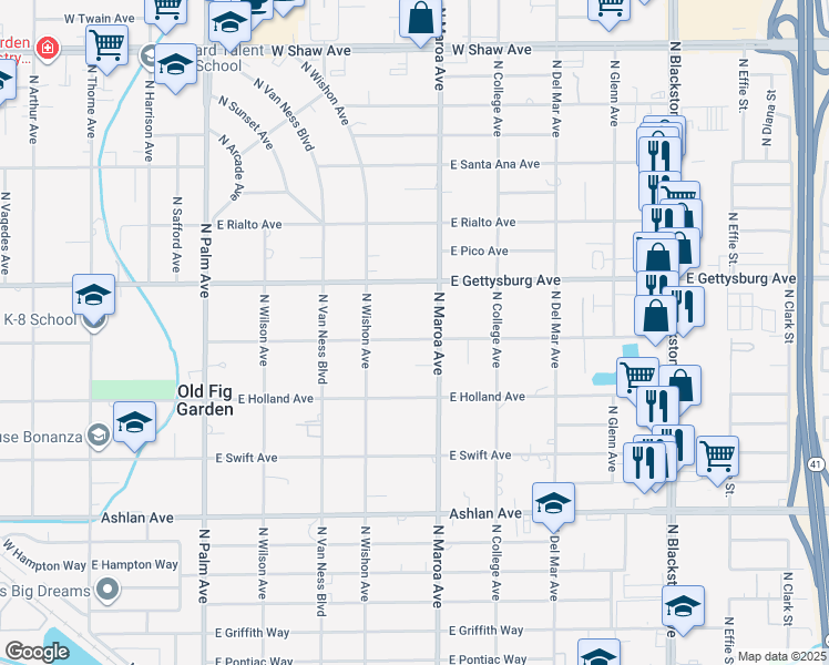 map of restaurants, bars, coffee shops, grocery stores, and more near 817 East Indianapolis Avenue in Fresno
