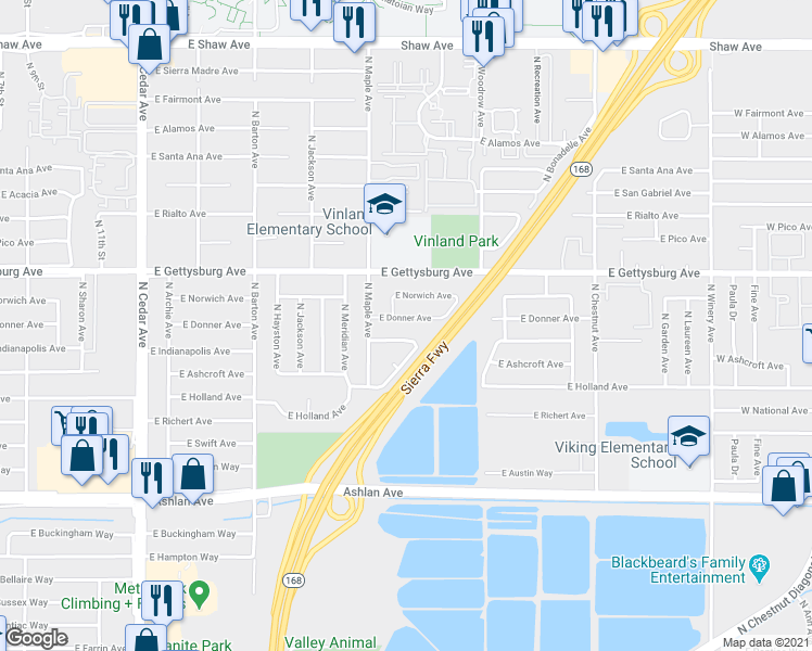 map of restaurants, bars, coffee shops, grocery stores, and more near 4632 East Donner Avenue in Fresno