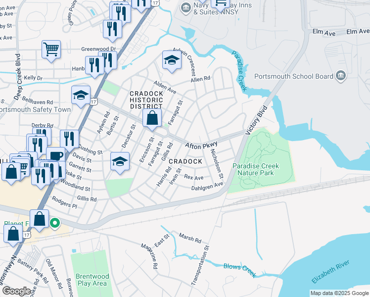 map of restaurants, bars, coffee shops, grocery stores, and more near in Portsmouth